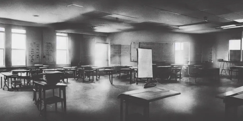 Prompt: A ghost on a school classroom, American culture, old picture style, Canon camera