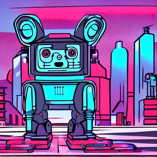 Prompt: robot corgi in a post - apocalyptic cityscape, dystopian, cyberpunk, detailed digital illustration, neon lights