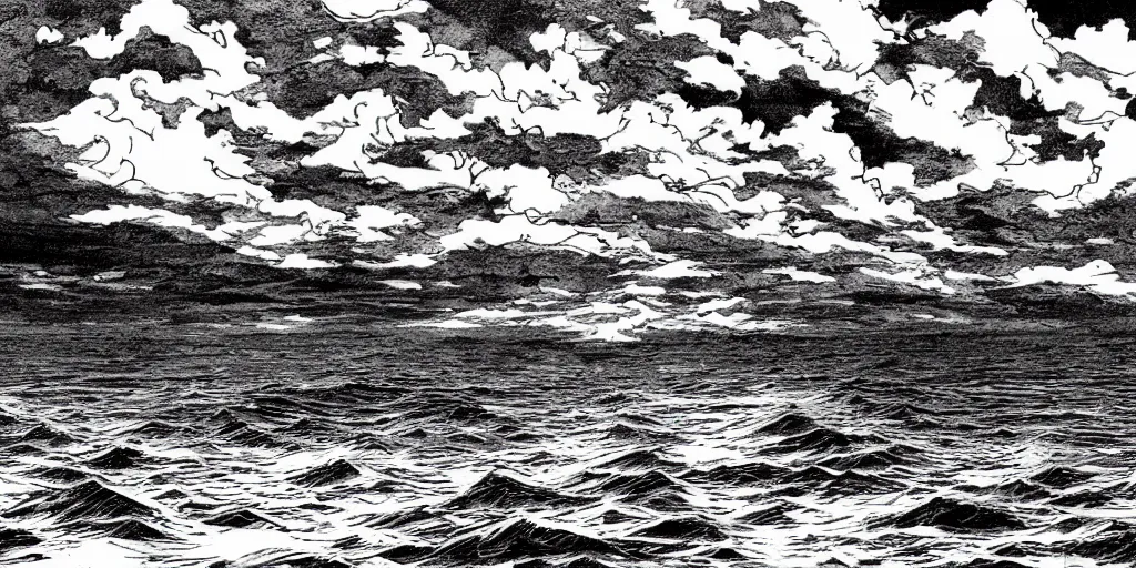 Image similar to illustration of the shore on a beautiful morning, monochrome, manga style, by Kentaro Miura, sharp, dramatic lighting