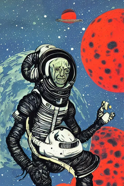 Image similar to dark retro illustration 1 9 6 7 science fiction, doomed astronaut on saturn's moon, gouache and ink, art sussman, mohrbacher, retro futurism