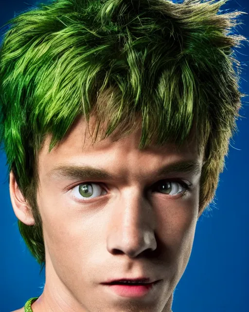 Image similar to dramatically - lit closeup portrait photograph of norville shaggy rogers from the scooby - doo live - action film ( 2 0 0 2 ), sharp details, vignette, high saturation, smooth textured skin, subsurface scattering, photograph by mark mann and martin schoeller, 4 k, soft focus, centered, symmetrical