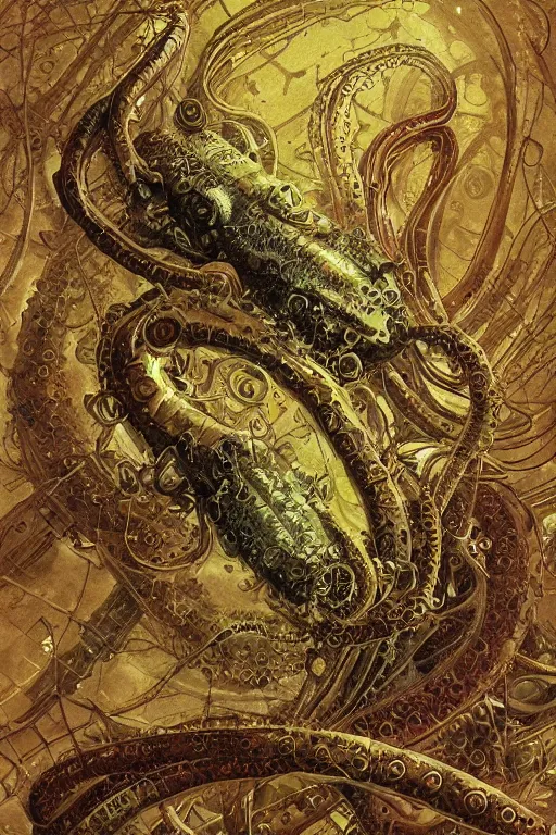 Image similar to steampunk axolotl tentacle fish, masterpiece, intricate, elegant, highly detailed, digital painting, smooth, sharp focus, illustration, art by james gurney, graeme base, brian froud, alan lee