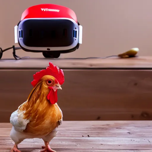 Prompt: a chicken wearing a vr headset