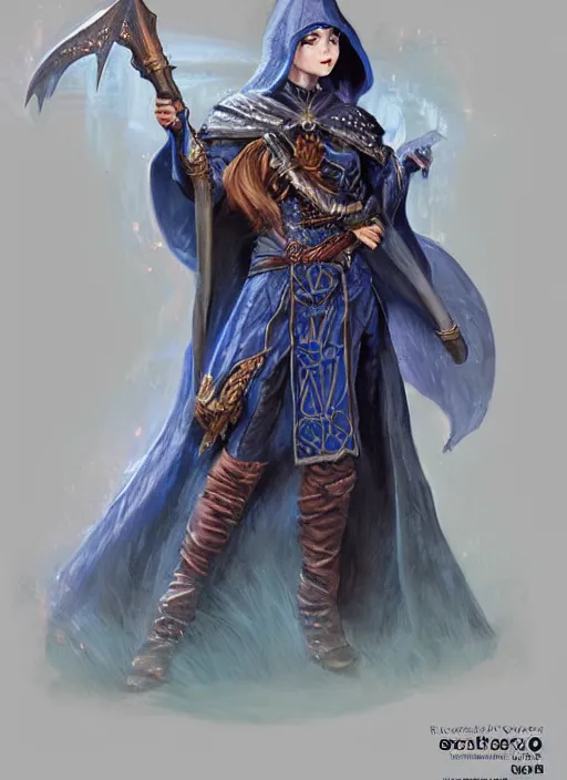 Image similar to dark blue cloak female priest, ultra detailed fantasy, dndbeyond, bright, colourful, realistic, dnd character portrait, full body, pathfinder, pinterest, art by ralph horsley, dnd, rpg, lotr game design fanart by concept art, behance hd, artstation, deviantart, hdr render in unreal engine 5