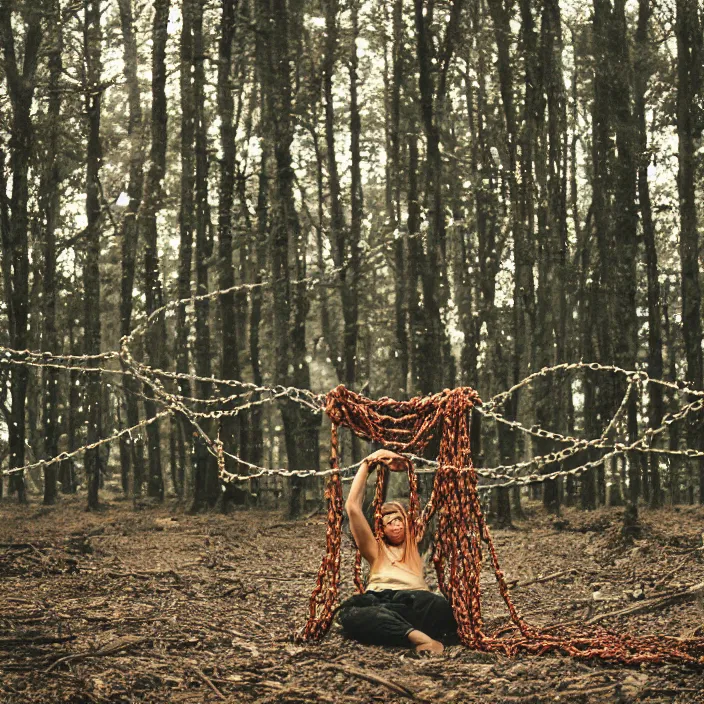 Image similar to a woman wrapped in chains, dragging a pile of chains, in a forest, by Erik Almas, CANON Eos C300, ƒ1.8, 35mm, 8K, medium-format print