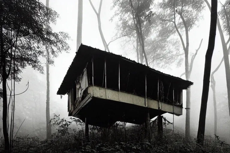 Prompt: a vintage photo of a steel-plated multi-story ramshackle hut in the forest, foggy