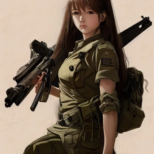 Prompt: soldier girl, war action, anime style, long hair, hair down, symmetrical facial features, girls frontline cg, hyper realistic, pale skin, 4 k, rule of thirds, extreme detail, detailed drawing, trending artstation, hd, storyboard, d & d, by alphonse mucha, greg rutkowski, sharp focus, backlit