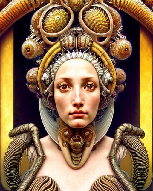 Image similar to hyperrealistic detailed face portrait of the beautiful goddess of the giant isopods with an intricate golden ornamental geometrical fractal giant isopod headdress, art by ernst haeckel, john william godward, android jones, alphonso mucha, h. r. giger, gothic - cyberpunk, ornamental, dimmed pastel colours,