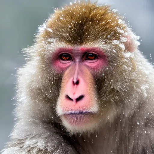 Image similar to portrait of snow monkeys, highly detailed, snow flurry, cold, steamy, ultrarealistic, 8K, UE5