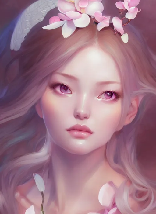 Image similar to character concept art of a goddess of magnolias as angelic young female | | seductive - fine - face, pretty face, key visual, realistic shaded perfect face, fine details by stanley artgerm lau, wlop, rossdraws, james jean, andrei riabovitchev, marc simonetti, and sakimichan, trending on artstation