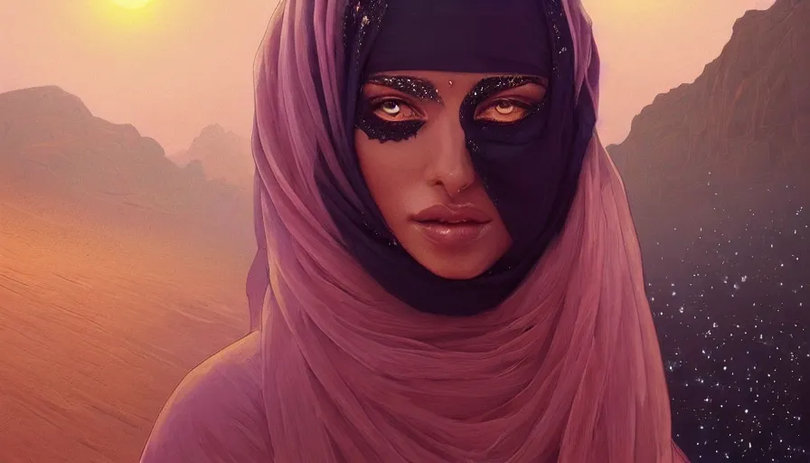 Image similar to Portrait of very very very very very very beautiful Arab woman wearing a Niqab, glowing magical eyes, energy trails, under giant full moon in the desert, intricate, elegant, highly detailed, digital painting, artstation, concept art, smooth, sharp focus, illustration, art by artgerm and greg rutkowski and alphonse mucha