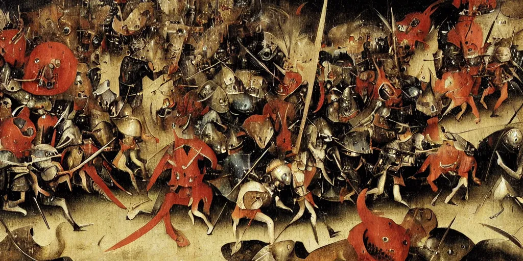 Prompt: a fantasy monster fighting an army of knights as drawn by hieronymus bosch, oil painting, highly detailed