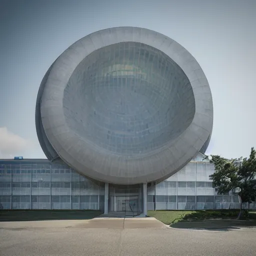 Image similar to Big atom research science building by Beeple, high res, award winning