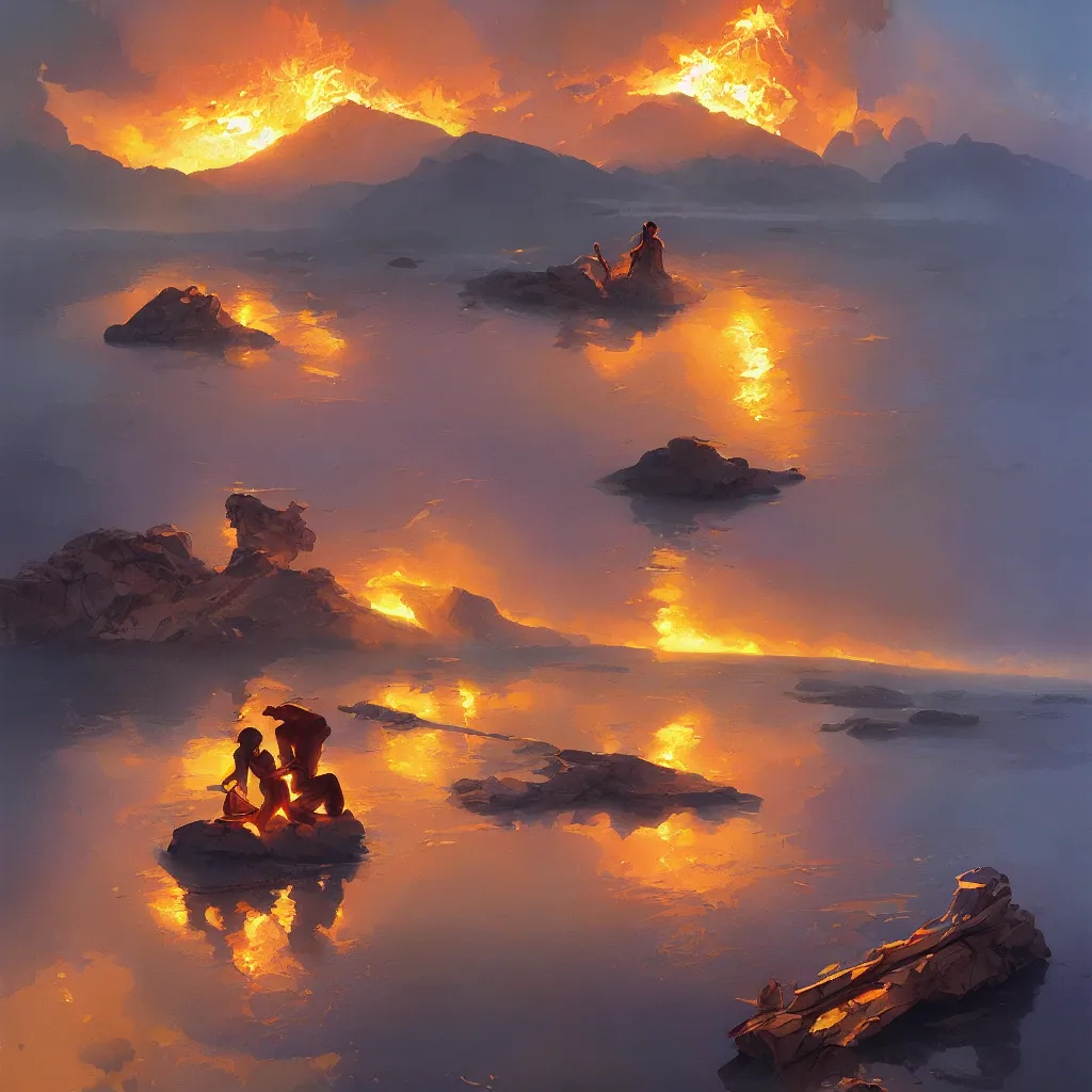 Image similar to lake, gold molten, by greg rutkowski, by rhads, by jesper ejsing