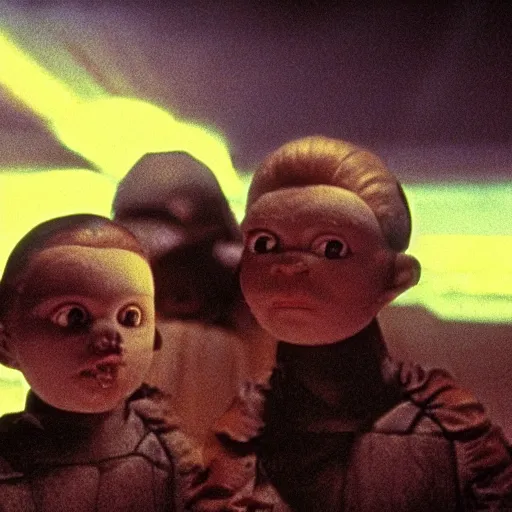 Image similar to wide scenic shot from the scene from the David Lynch production of star wars where the conjoined children play. The children are conjoined at the head and neck, they share one head. Cinematic, VHS copy, film grain, 35mm film.