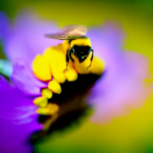 Image similar to surreal composite bumble bee made of flowers, pedicel legs, flower petal wings, siting on a finger, 5 0 mm lens, f 1. 4, sharp focus, ethereal, emotionally evoking, head in focus, volumetric lighting, blur dreamy outdoor