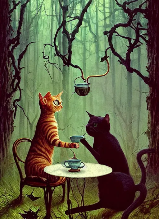 Prompt: cat having tea with a witch in the woods gorgeous lighting, lush forest foliage blue sky a hyper realistic painting by chiara bautista and beksinski and norman rockwell and greg rutkowski weta studio, and lucasfilm