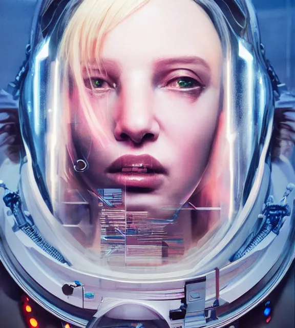 Image similar to hyperrealistic portrait of a woman monster futuristic astronaut, sofia coppola, cyberpunk, well lit, intricate abstract. gucci style, intricate artwork, high detail, figurative art, multiple exposure, poster art, 3 d, by stanley kubrick and tooth wu and wlop and beeple, realistic, hyperdetailed, 8 k resolution.