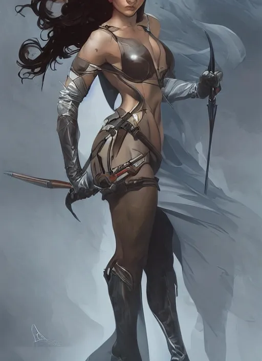 Prompt: female assassin concept design, with dynamic pose, fantasy, dark, majestic, elegant, by alphonse mucha, grey rutkowski, artgerm, artstation, digital illustration