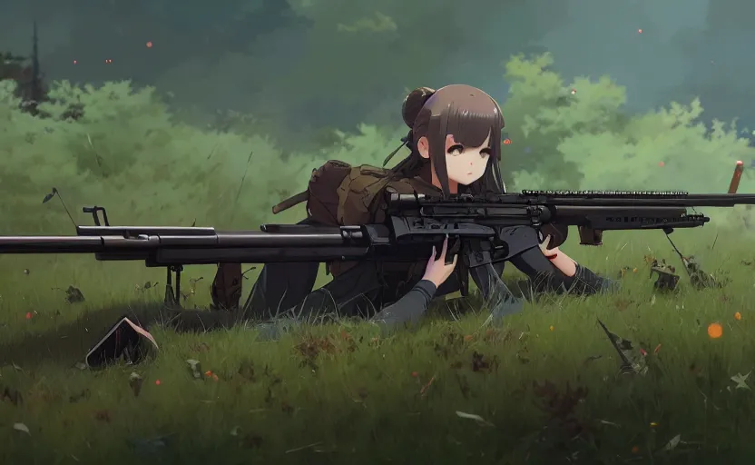 Image similar to a m 1 4 rifle, lush landscape, illustration concept art anime key visual trending pixiv fanbox by wlop and greg rutkowski and makoto shinkai and studio ghibli and kyoto animation, realistic gun, ammo bullets, eotech sight, anpeq 2