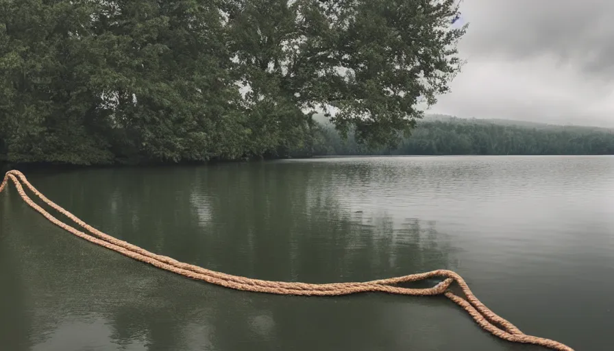 Prompt: photograph of an infinitely long rope floating on the surface of the water, the rope is snaking from the foreground towards the center of the lake, a dark lake on a cloudy day, trees in the background, moody scene, anamorphic lens