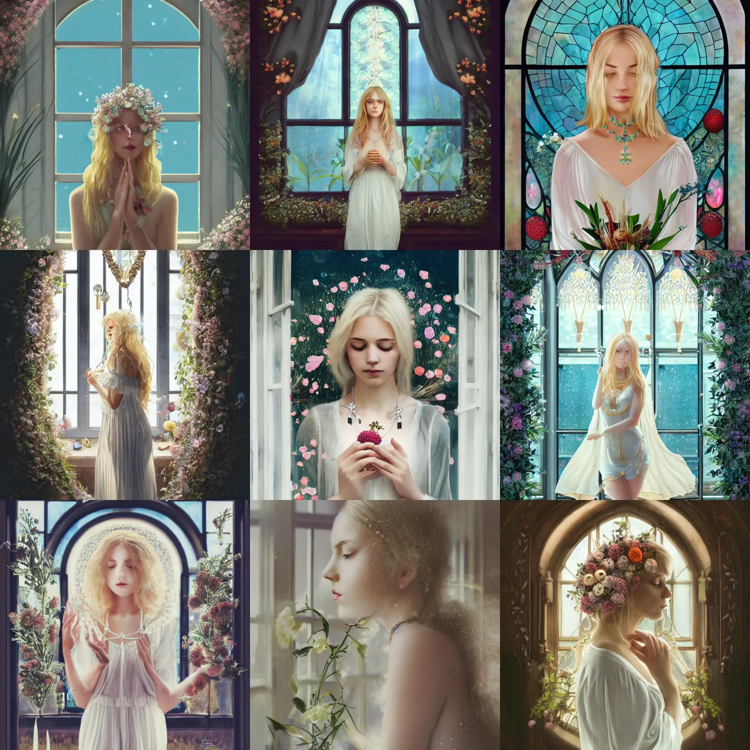 Prompt: a blonde girl in white dress in beautiful window, necklace with a fruit seed ornament, ocean eyes, light freckles, incense smoke and flowers in the background, portrait, mucha, conceptart, medium shot, unreal, octane, symmetrical, photorealism.
