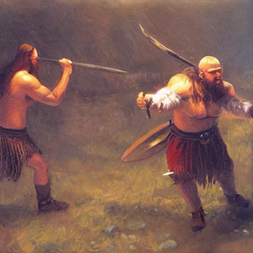 Image similar to A viking fighting a troll, oil painting