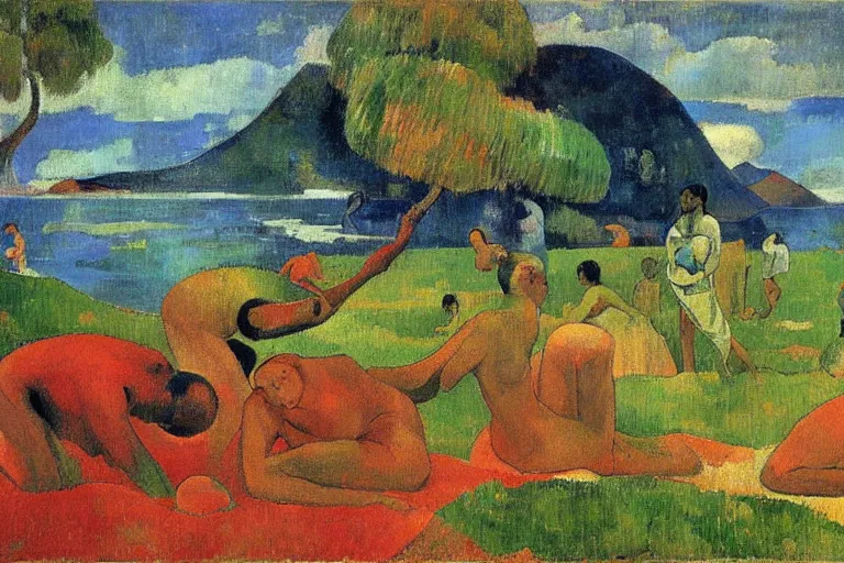 Image similar to there is another world very close to ours that we don't perceive directly, but they do interact sometimes. painting by paul gauguin ( 1 9 0 0 )