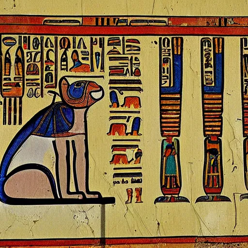 Prompt: a painting of an ancient egyptian hieroglyphic tablet depicting a a cute cat by moebius