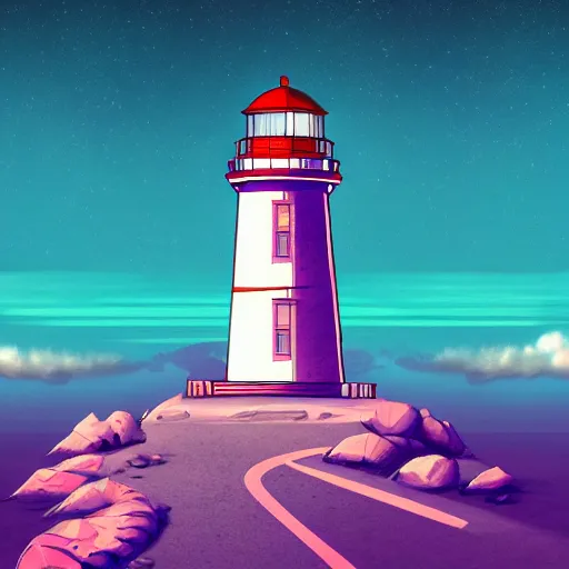 Prompt: lighthouse in the moon, epic retrowave art, trending on art station