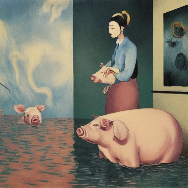 Image similar to tall female emo artist holding a pig in her flooded apartment, mushrooms, octopus, water gushing from ceiling, painting of flood waters inside an artist's apartment, a river flooding indoors, pomegranates, pigs, ikebana, zen, river, rapids, waterfall, black swans, canoe, berries, acrylic on canvas, surrealist, by magritte and monet