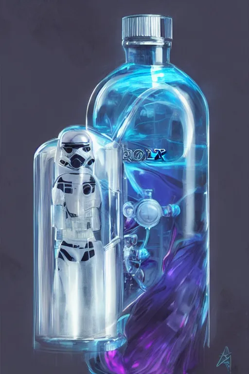 Prompt: concept art of a rolex - star wars liquid dietary supplement in a transparent bottle filled with blue magenta iridescent liquid, by aenaluck, artgerm and roberto ferri and greg rutkowski, blue and white tones, digital painting, artstation, concept art, smooth, sharp foccus ilustration hq