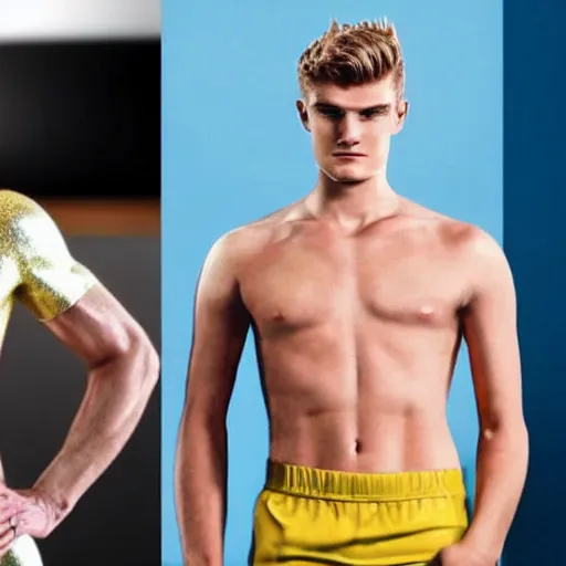 Image similar to a realistic detailed photo of a guy who is an attractive humanoid who is half robot and half humanoid, who is a male android, soccer players martin ødegaard & timo werner, shiny skin, posing like a statue, blank stare, in a living room, on display, showing off his muscles, gold soccer shorts, side view, looking at each other mindlessly