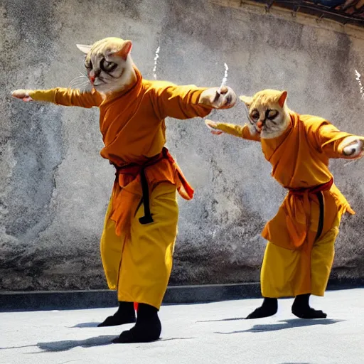 Prompt: real cats dressed as shaolin monks, 4k