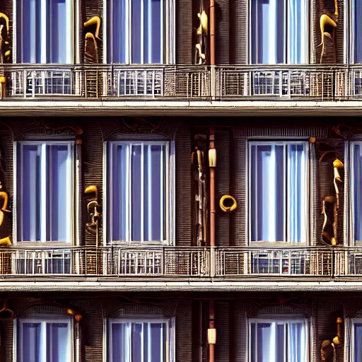 Image similar to architecture photo of a wavy building with many balconies made from ligaments and bones and tendons and tissue 8 k detailed hd digital render steampunk