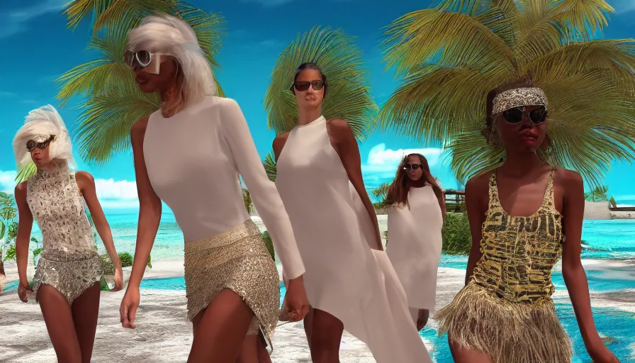 Prompt: Fashion Catwalk Rendering on the Bahamas, Paradise, Octane Render, Redshift, 8k