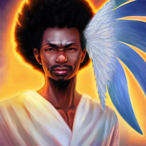 Prompt: Portrait of a Afro caribbean with angel wings, and a glowing halo, white lighting, digital art by Eiichiro Oda, highly detailed, trending on artstation, award winning,