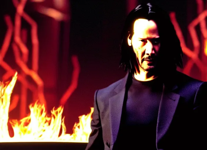 Image similar to A photo of Keanu Reeves as Neo in The Matrix movie doing a thumb up to the camera in front on burning servers, servers in flames in the background, doing a thumb up, uncropped, full body, crispy, ultra detailed, cinematic