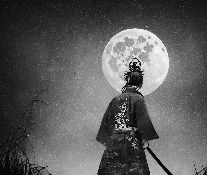 Image similar to '2d design graphic a samurai in the night ,big white moon background , gloomy and foggy atmosphere, octane render, horror scene, highly detailded , black and white ink '