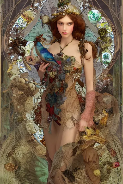 Image similar to face 3 d render of english princess holding birds, ornaments, mucha vibe, dieselpunk, solarpunk, artstation