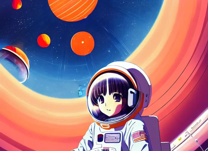 Image similar to anime portrait of a young astronaut girl floating inside a spacestation with no helmet, Karolis Strautniekas,omoide emanon, tsuruta kenji, murata range,kawaii, kyoto animation, manga, intricate, detailed, studio lighting, orange red black white, gradation,editorial illustration, matte print, Ilya Kuvshinov