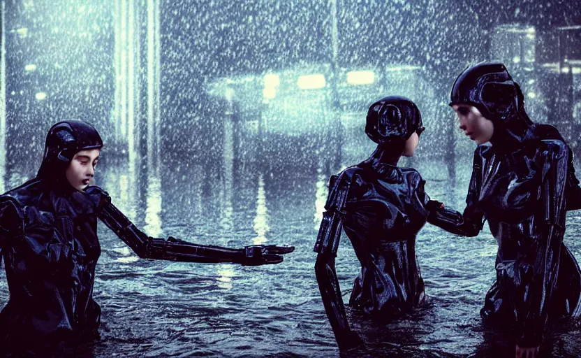 Image similar to cinestill 5 0 d candid photographic portrait by steve mccurry of two loving female androids sobbing wearing rugged black mesh techwear in treacherous waters, flooded city, medium closeup, retrofuturism cyberpunk moody emotional cinematic, pouring iridescent rain bright spotlight helicopter, 8 k, hd, high resolution, 3 5 mm, f / 3 2, ultra realistic faces, ex machina