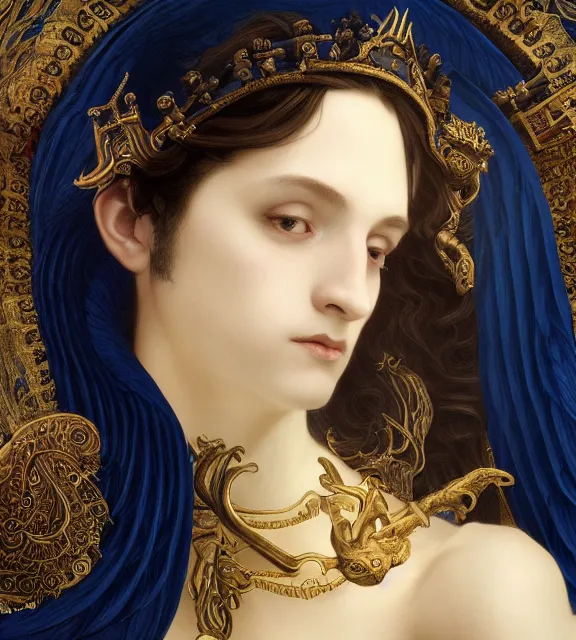 Prompt: portrait of a god of death, young male, in the underworld, elegant dark blue dress, very detailed, throne, very intricate details, jewelry, gold eyes, elaborate long black hairstyle, wings, cinematic, artstation, william bouguereau, alphonse mucha, greg rutkowski, rossdraws, octane render