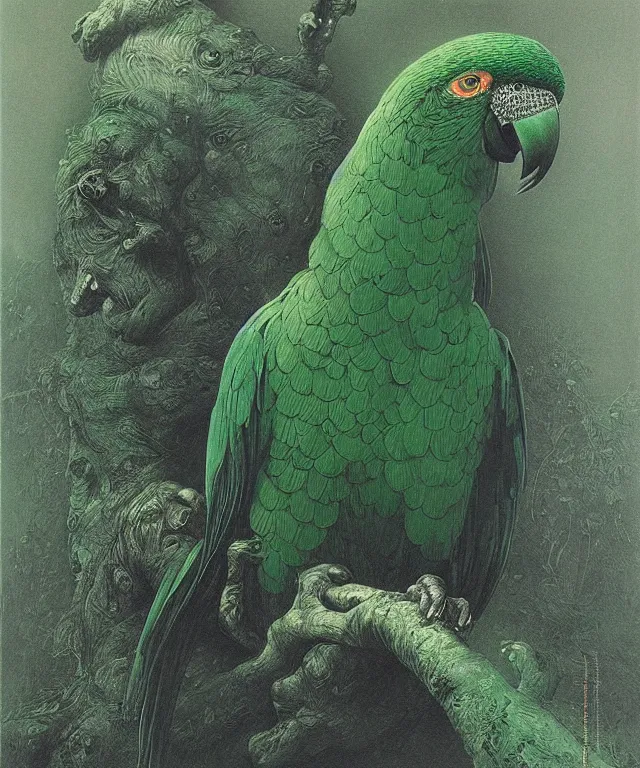 Image similar to beautiful emerald green parrot with red aura and eyes, by zdzisław beksinski, by gustave dore