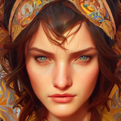 Image similar to a beautiful face of a woman, highly detailed, digital painting, artstation, concept art, sharp focus, unreal engine 5, art by alex ross, alphonse mucha