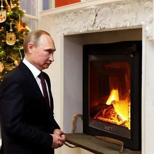 Image similar to vladimir putin looking at a log fire photograph, nikon lighting effect dof