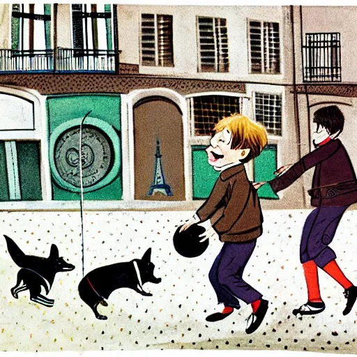 Image similar to book illustration of a french boy on the streets of paris playing football against a corgi, the dog is wearing a polka dot scarf, 1 9 6 6