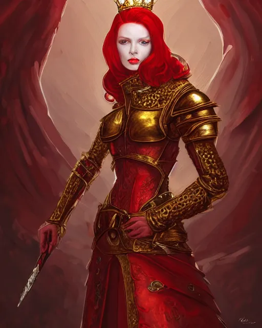 Image similar to redhead queen knight in red armor, exposed beating heart in chest with gold veins, inside grand hall in castle with rococo aesthetic, crown, scar face, elden lord, intimidating, high fantasy, intricate detail, digital painting, artstation, concept art, smooth, sharp focus, illustration, art by yoshitaka amano and monia merlo and wlop