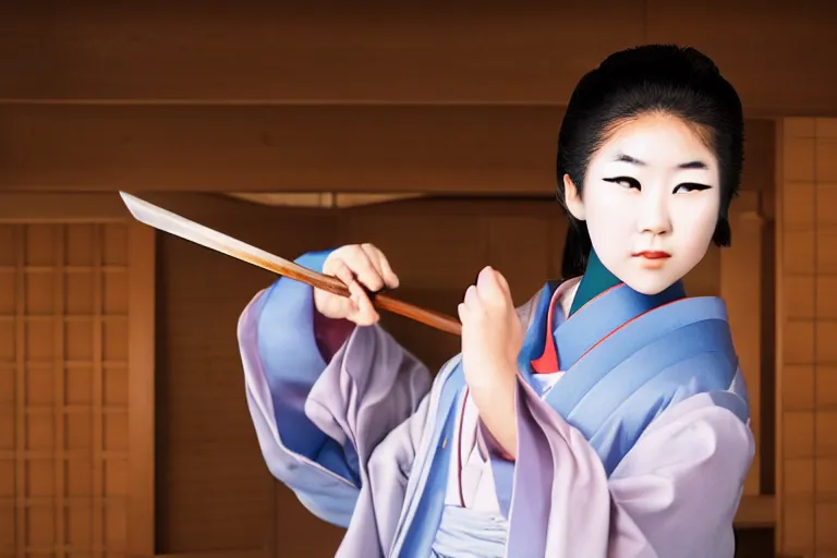 Image similar to beautiful photo of a young modern geisha samurai practising the sword in a traditional japanese temple, mid action swing, beautiful eyes, huge oversized sword, award winning photo, muted pastels, action photography, smiling into the camera, 1 / 1 2 5 shutter speed, dramatic lighting, anime set style