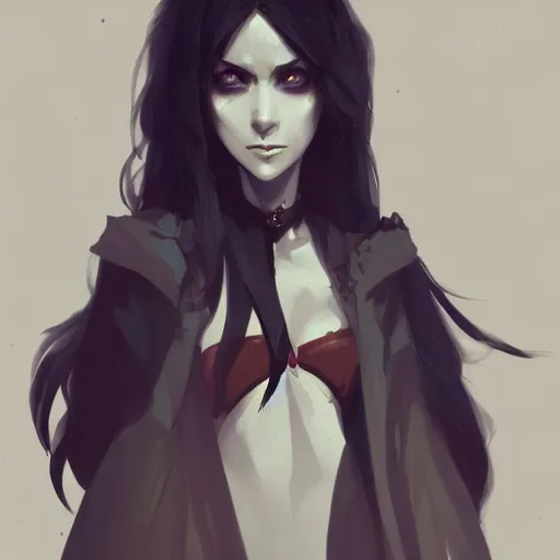 Image similar to female human vampire witch in the style of greg rutkowski, makoto shinkai, trending on artstation, character design, concept art, pretty face, highly detailed, long black hair, portrait, digital art